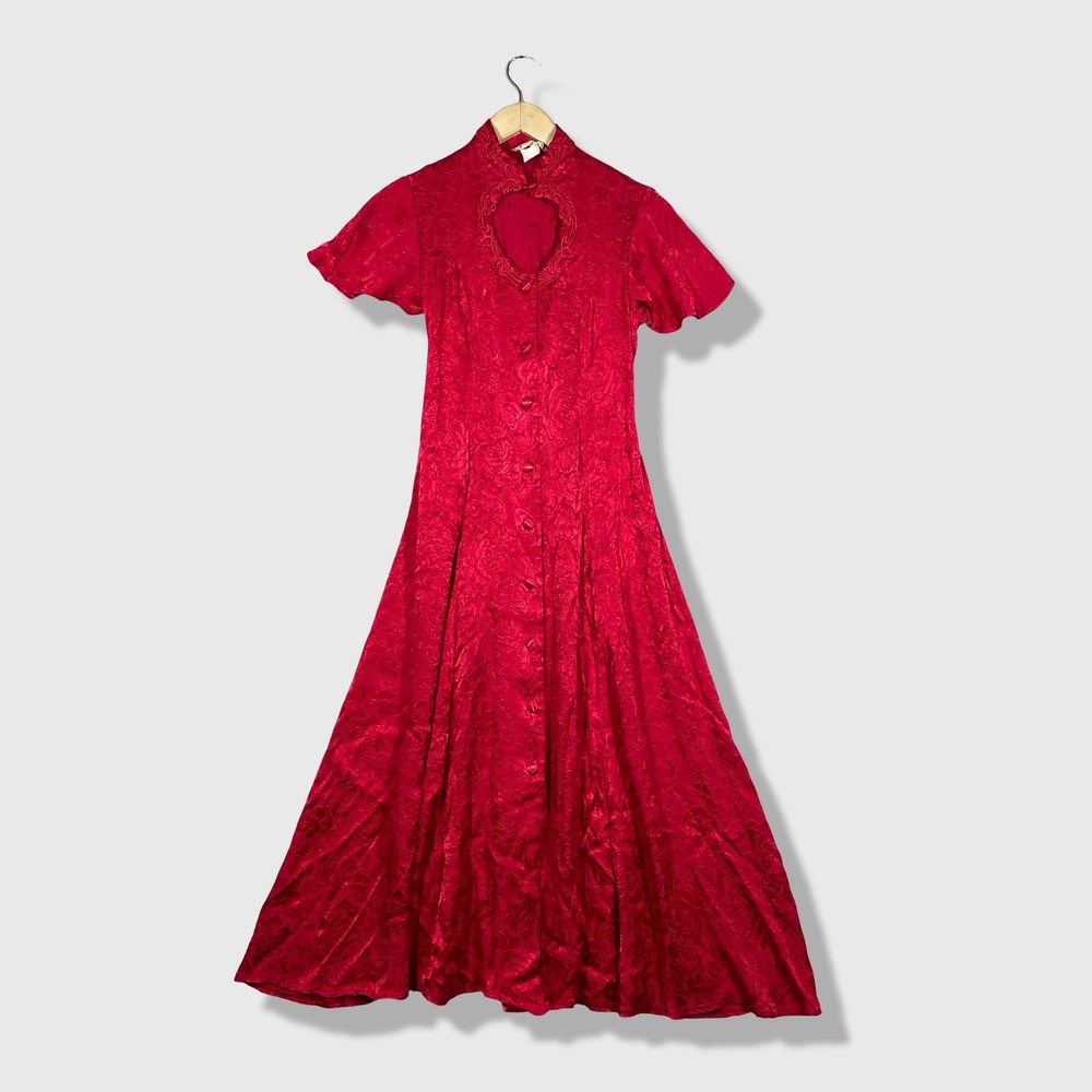 New Frontier Maxi Dress Women Size 3 Red Vintage Jacquard Coquette Goth Romantic
